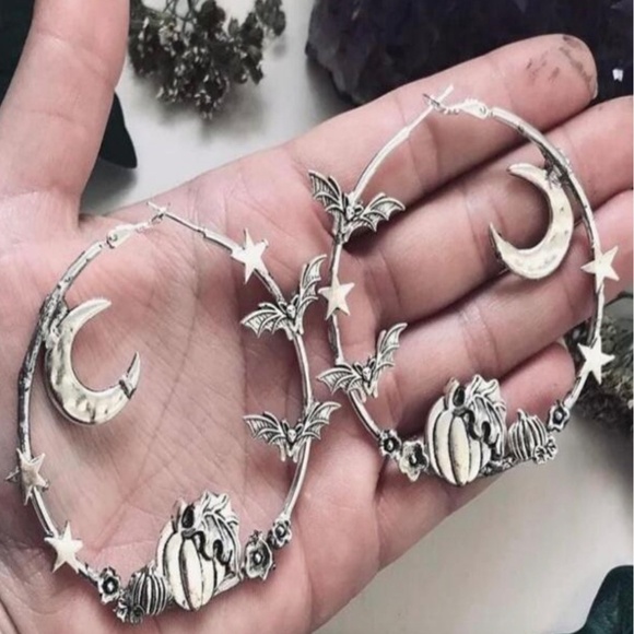 Silver Hoop Earrings Moon Stars Bats Pumpkins Goth Halloween Witch Whimsygoth - Picture 3 of 5